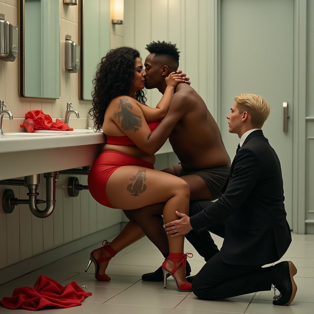 A captivating scene in a spacious public restroom featuring a light brown-skinned Mexican woman with long, curly black hair and a voluptuous figure, characterized by very thick, toned legs and wide hips