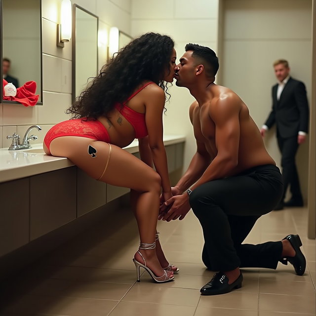 An engaging and passionate scene set in a spacious public restroom, featuring a light brown-skinned Mexican woman with long, curly black hair and a voluptuous figure characterized by very thick, toned legs and wide hips