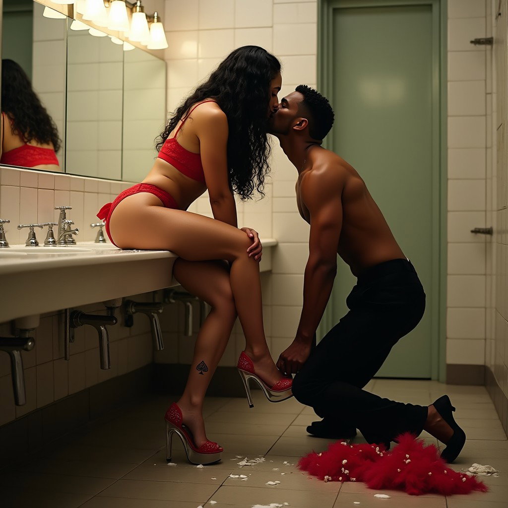 An evocative scene set in a spacious public restroom, featuring a light brown-skinned Mexican woman with long, curly black hair, medium build, measuring 1