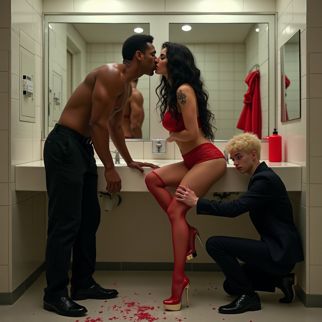 A captivating scene set in a spacious public restroom featuring a light brown-skinned Mexican woman with long, curly black hair, medium complexion, standing at 1