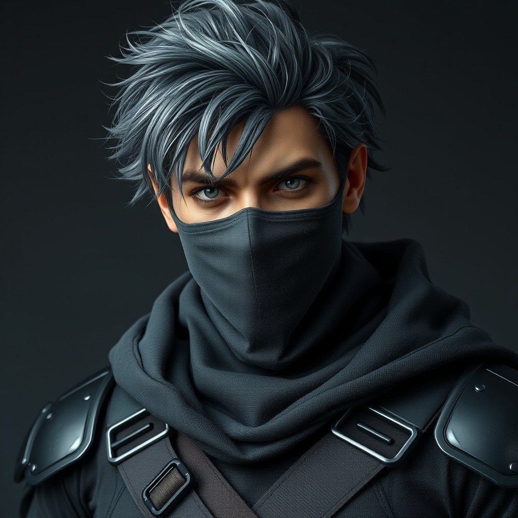 Character concept art of a mysterious human male with textured tousled gray hair featuring a prominent chaotic cowlick and piercing gray eyes