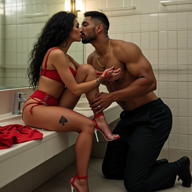 An alluring scene set in a spacious public restroom featuring a light brown-skinned Mexican woman, medium build, standing 1