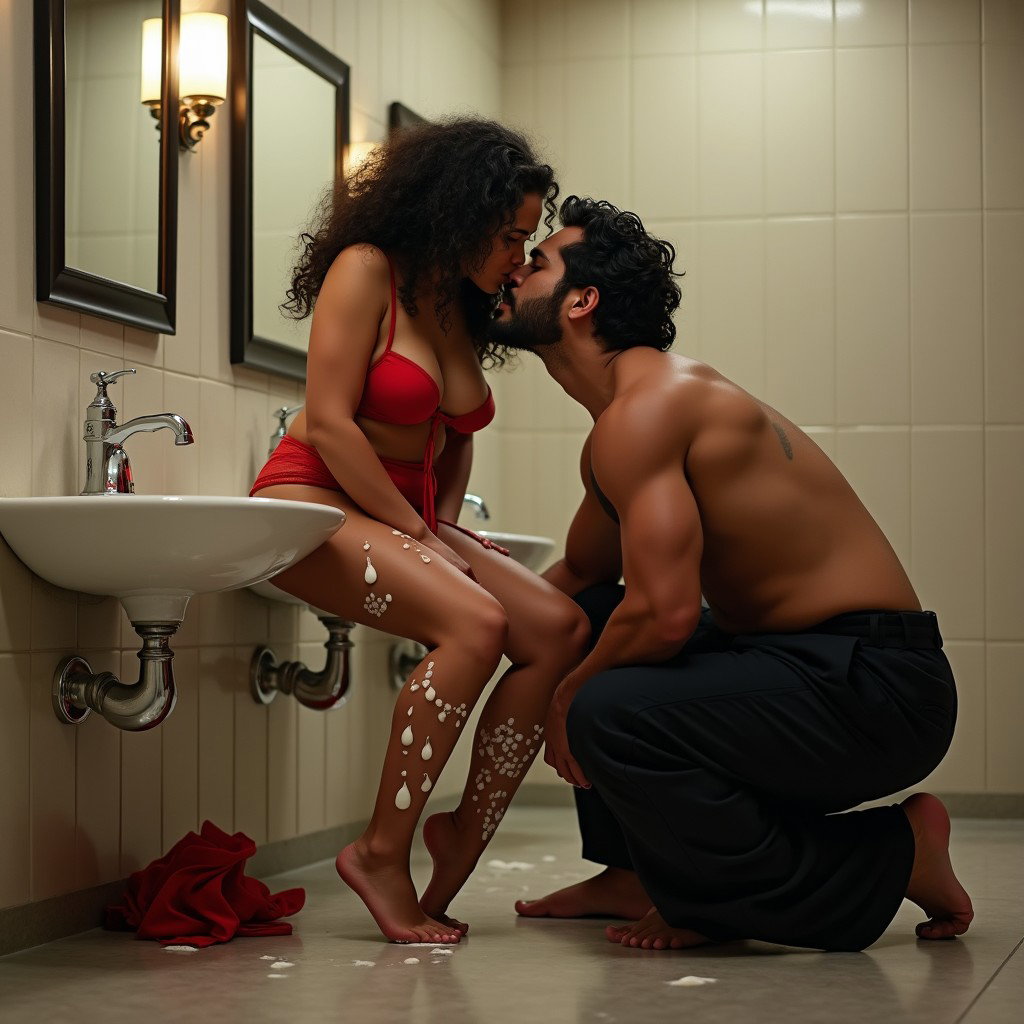 An enticing scene in a spacious public restroom featuring a light brown-skinned Mexican woman, approximately 1