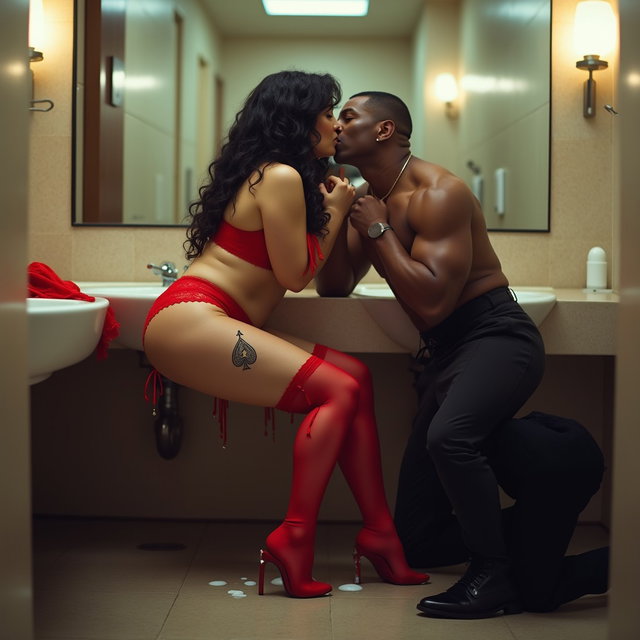 An intimate scene set in a spacious public restroom featuring a light brown-skinned Mexican woman with long, curly black hair and a medium, curvy figure, standing at 1