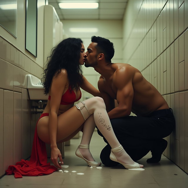 An intimate and engaging scene set in a spacious public restroom, featuring a light brown-skinned Mexican woman with long, curly black hair, a medium build measuring 1