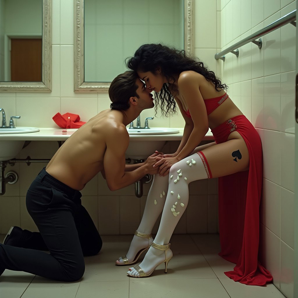 An enticing scene set in a spacious public restroom featuring a light brown-skinned Mexican woman with long, curly black hair, medium build, standing at 1