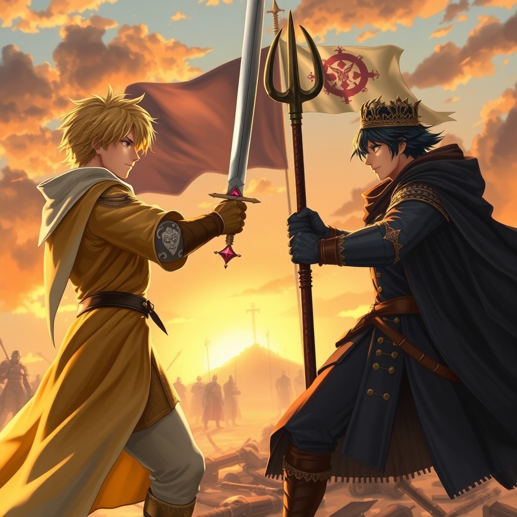 Two young emperors engaged in a duel at sunrise