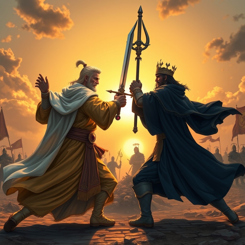 Two adult emperors are engaged in a duel at sunrise