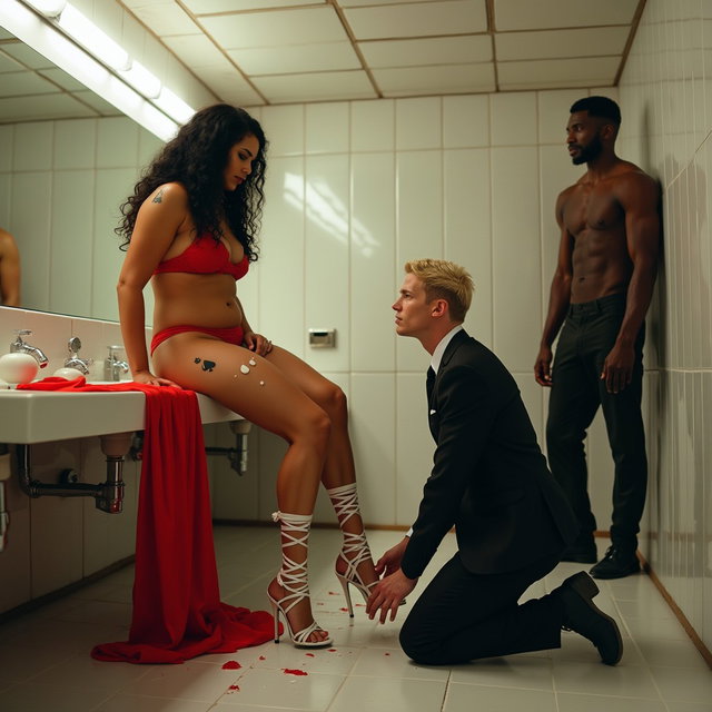 In an expansive public bathroom, a scene unfolds featuring a light brown-skinned Mexican woman with a thick build, showcasing her thick toned legs and wide hips