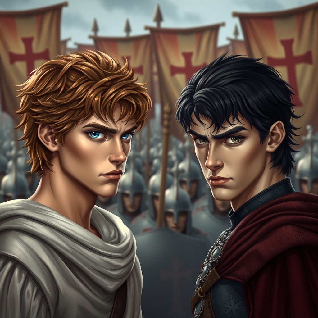 Two realistic princes stand facing each other with disdain, set against the backdrop of a medieval army adorned with banners featuring crosses