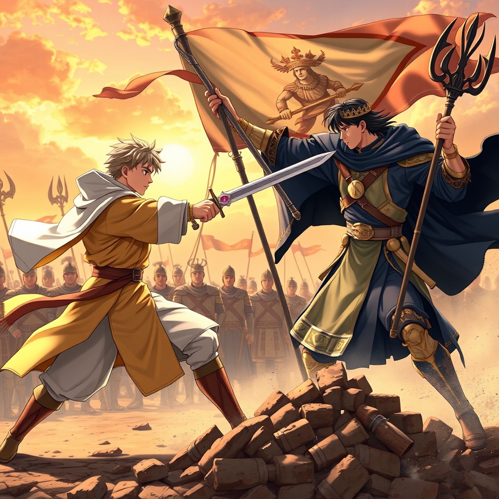 At sunrise, two young emperors engage in a fierce duel