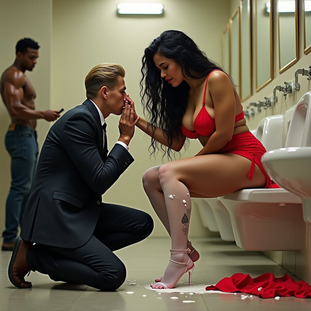 A captivating scene set in a spacious public restroom, featuring a light brown-skinned Mexican woman with long, curly black hair and a voluptuous build