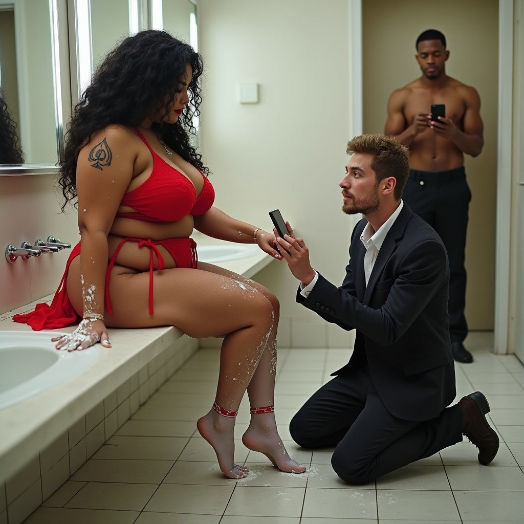 An intriguing scene in a spacious public restroom featuring a light brown-skinned Mexican woman with long, curly black hair, and a thick build, showcasing her thick, toned legs and wide hips