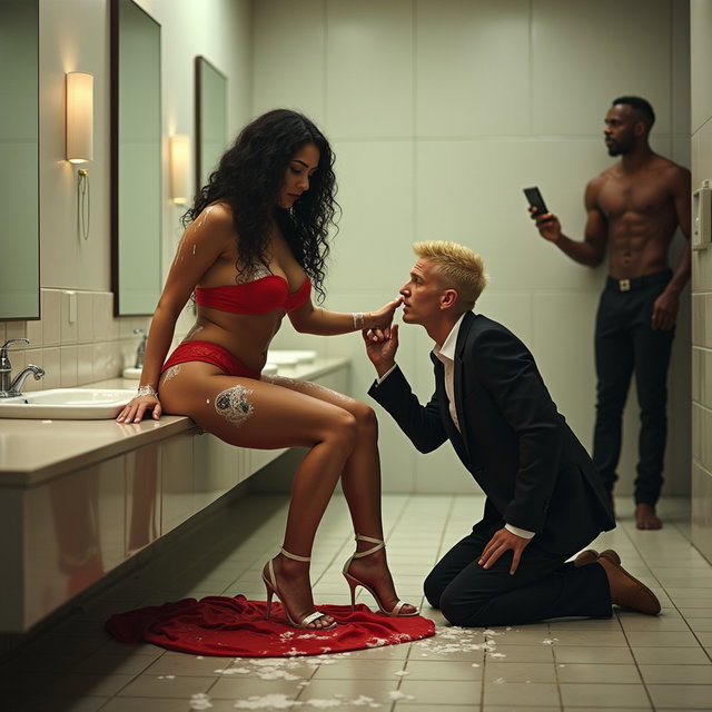 In a spacious public bathroom, a captivating scene showcases a light brown-skinned Mexican woman with long, curly black hair and a thick physique