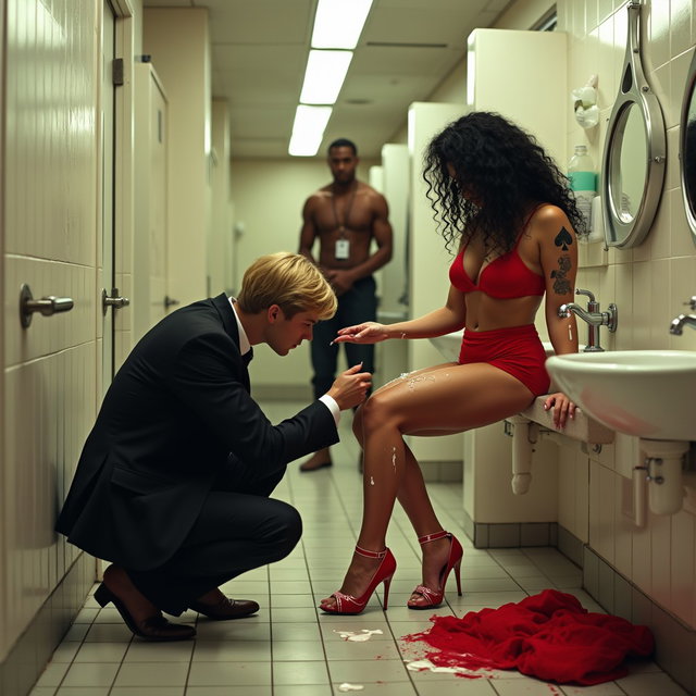 Inside a spacious public restroom, a captivating scene is depicted featuring a light brown-skinned Mexican woman with long, curly black hair and a voluptuous figure