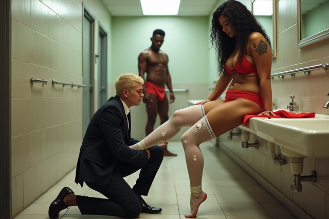 A visually captivating scene set in a spacious public restroom featuring a light brown-skinned Mexican woman with long, curly black hair and a voluptuous figure