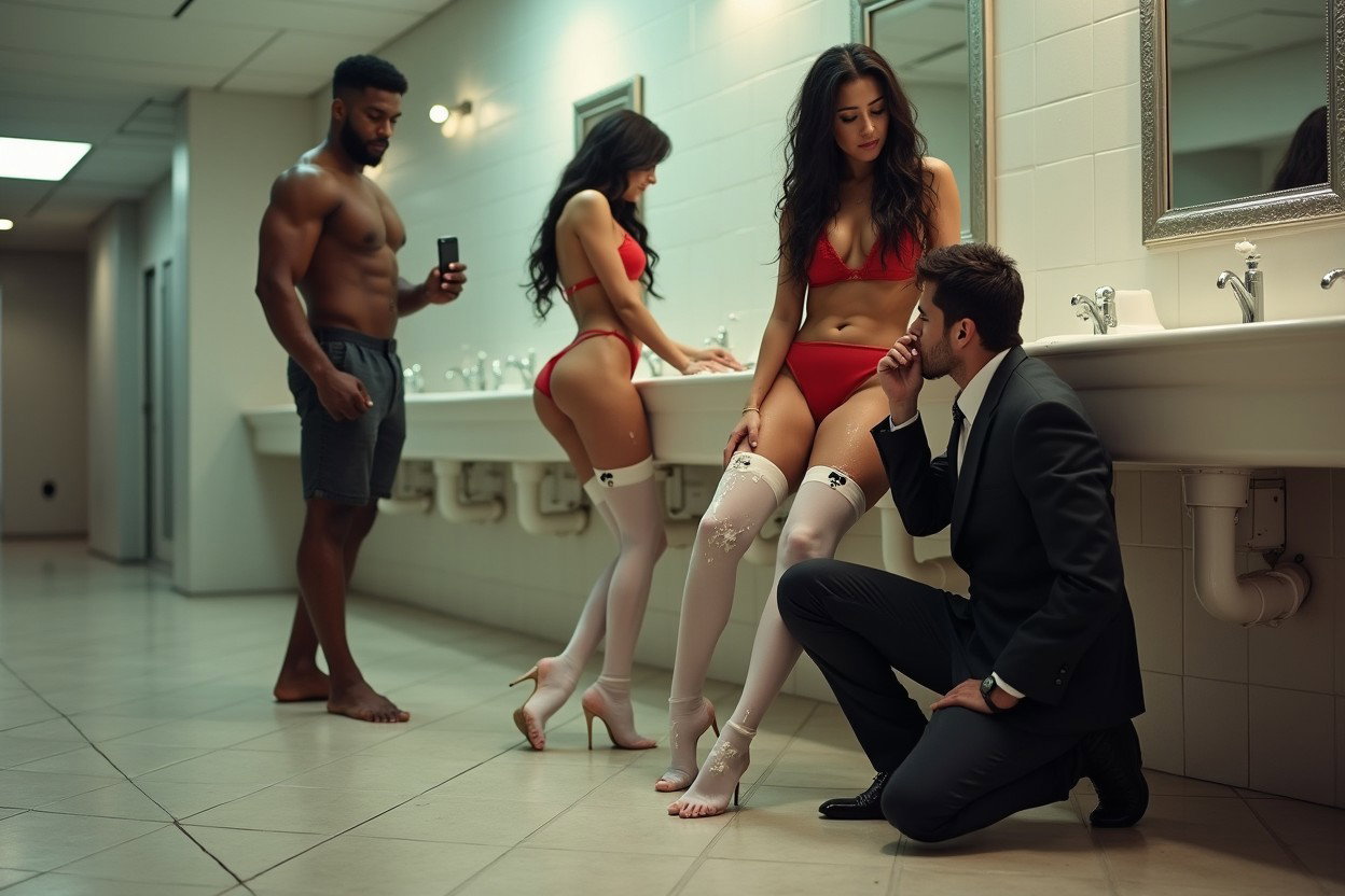 A striking scene set in a spacious public restroom featuring a light brown-skinned Mexican woman with long, curly black hair and a voluptuous figure
