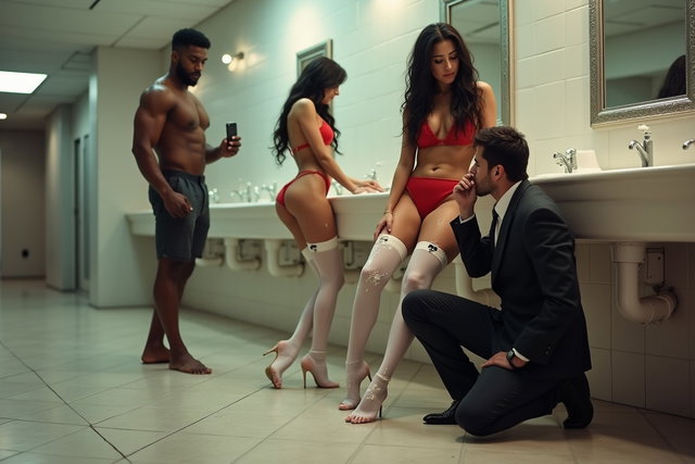 A striking scene set in a spacious public restroom featuring a light brown-skinned Mexican woman with long, curly black hair and a voluptuous figure