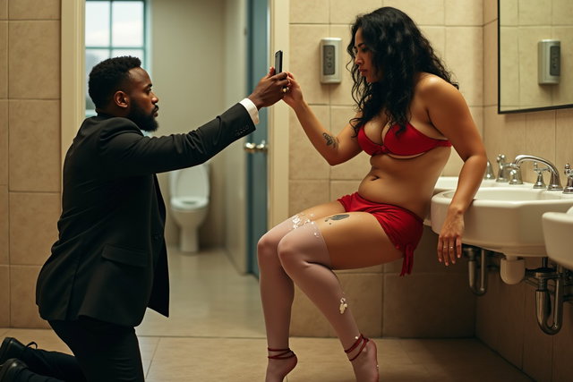 An alluring scene set in a spacious public restroom featuring a light brown-skinned Mexican woman with long, curly black hair and a robust, curvy physique