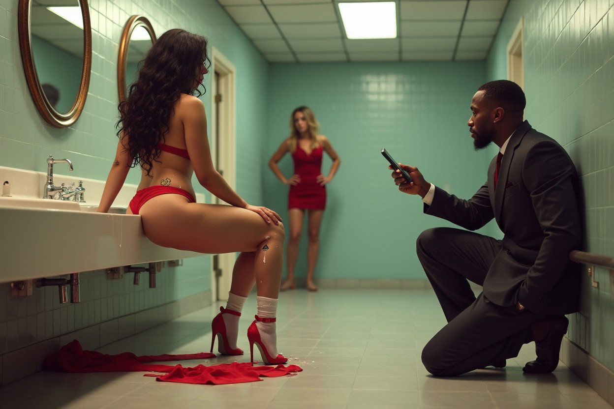 A striking scene in a spacious public restroom featuring a light brown-skinned Mexican woman with long, curly black hair and a large, voluptuous physique