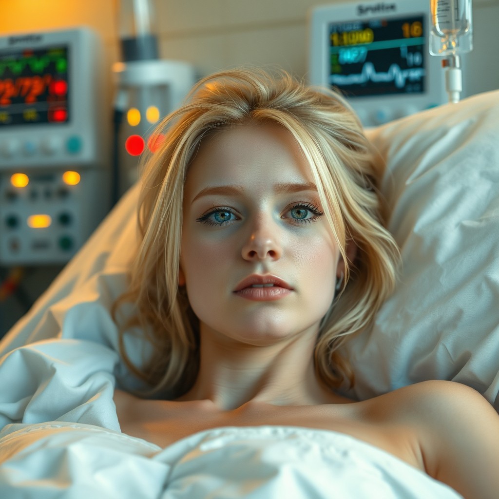 A 25-year-old blonde female lying in a hospital bed in an ICU, looking vulnerable yet serene