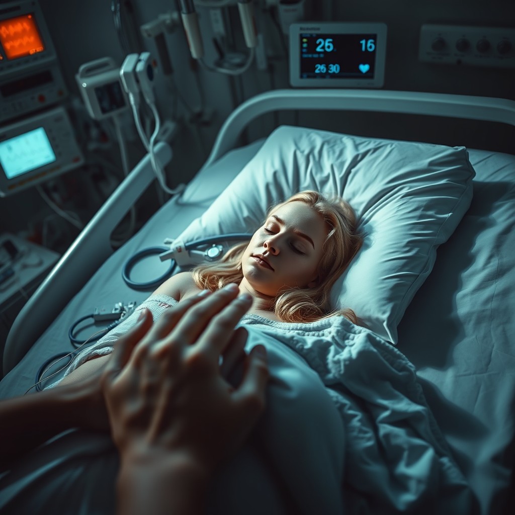A poignant scene in an intensive care unit, showcasing a 25-year-old blonde female lying unconscious in a hospital bed, surrounded by advanced medical equipment