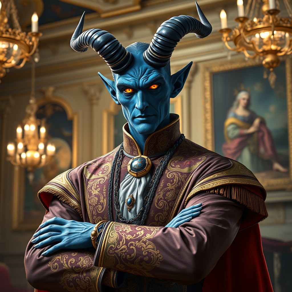 A blue tiefling noble man, with striking features typical of his kind including sharp horns curving elegantly from his forehead, and glowing golden eyes