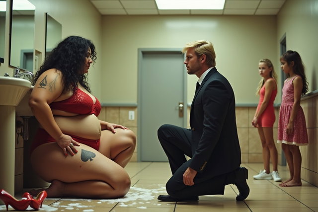 A striking scene in a spacious public bathroom featuring a light brown-skinned Mexican woman with long, curly black hair and a large, voluptuous physique