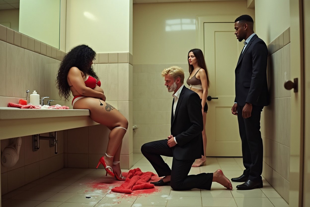 In a spacious public bathroom, a striking scene unfolds featuring a light brown-skinned Mexican woman with long, curly black hair and an ample, voluptuous figure