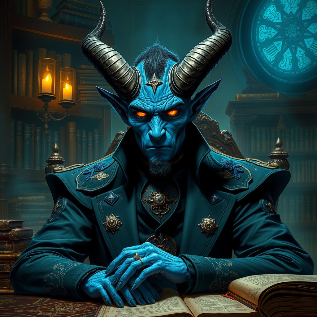 An enigmatic blue tiefling noble man, exuding an aura of mystery and sophistication