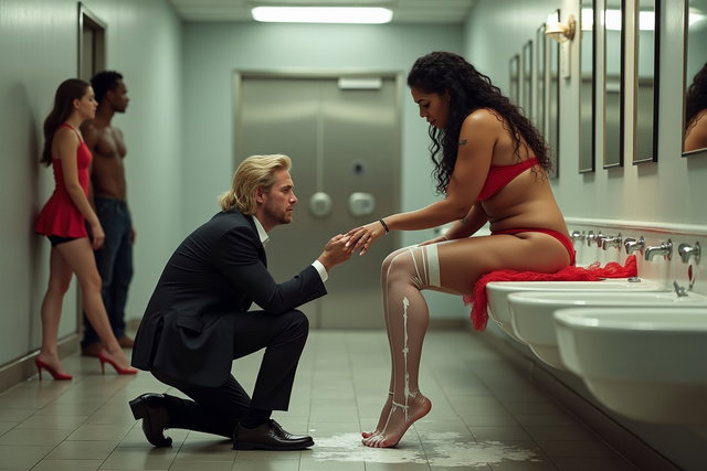 In a spacious public restroom, a striking scene features a light brown-skinned Mexican woman with long, curly black hair and a voluptuous, curvy body