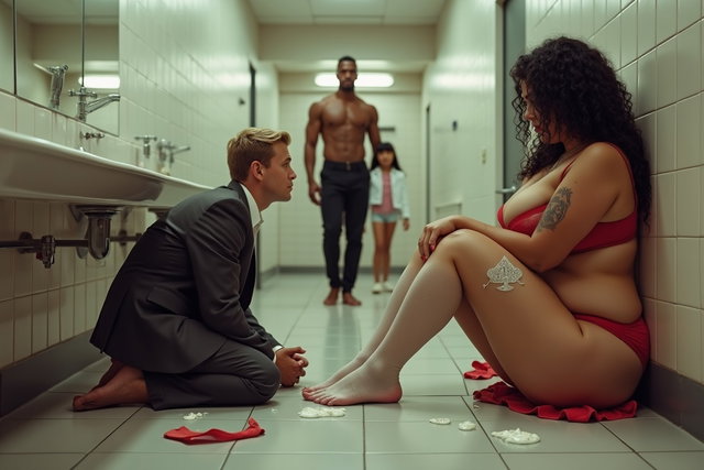 A striking scene in a spacious public restroom showcasing a light brown-skinned Mexican woman with long, curly black hair and a voluptuous, curvy figure