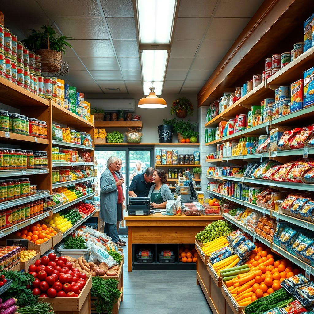 A charming and colorful grocery store interior, filled with a variety of fresh fruits, vegetables, canned goods, and packaged snacks