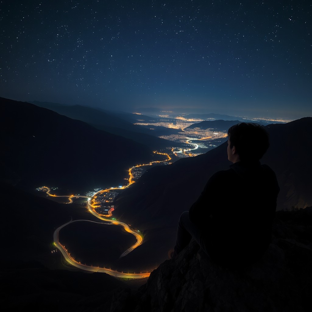 A solitary figure sitting on a rugged mountainside at night, gazing contemplatively at the expansive valley below