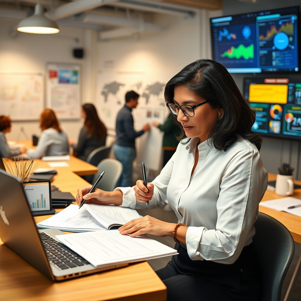 A professional UX researcher deeply engaged in advanced research techniques, surrounded by various technological tools like notebooks, a laptop, and data visualization screens