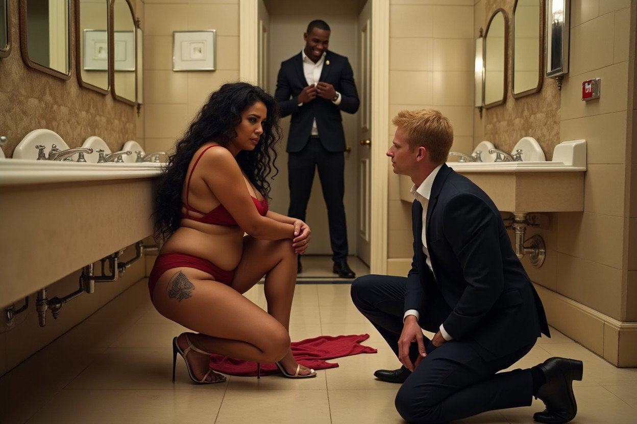 A bold scene set in an elegant, spacious public restroom, featuring a light brown-skinned Mexican woman with long, curly black hair and a robust physique
