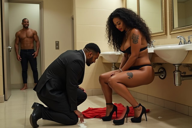 In a luxurious and spacious public restroom, a light brown-skinned Mexican woman with long, curly black hair and a curvy physique captivates attention