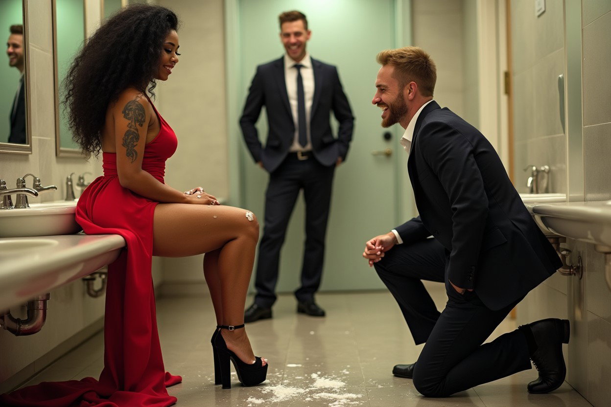 An alluring scene in a spacious and elegant public restroom featuring a light brown-skinned Mexican woman with long, curly black hair and a curvaceous body
