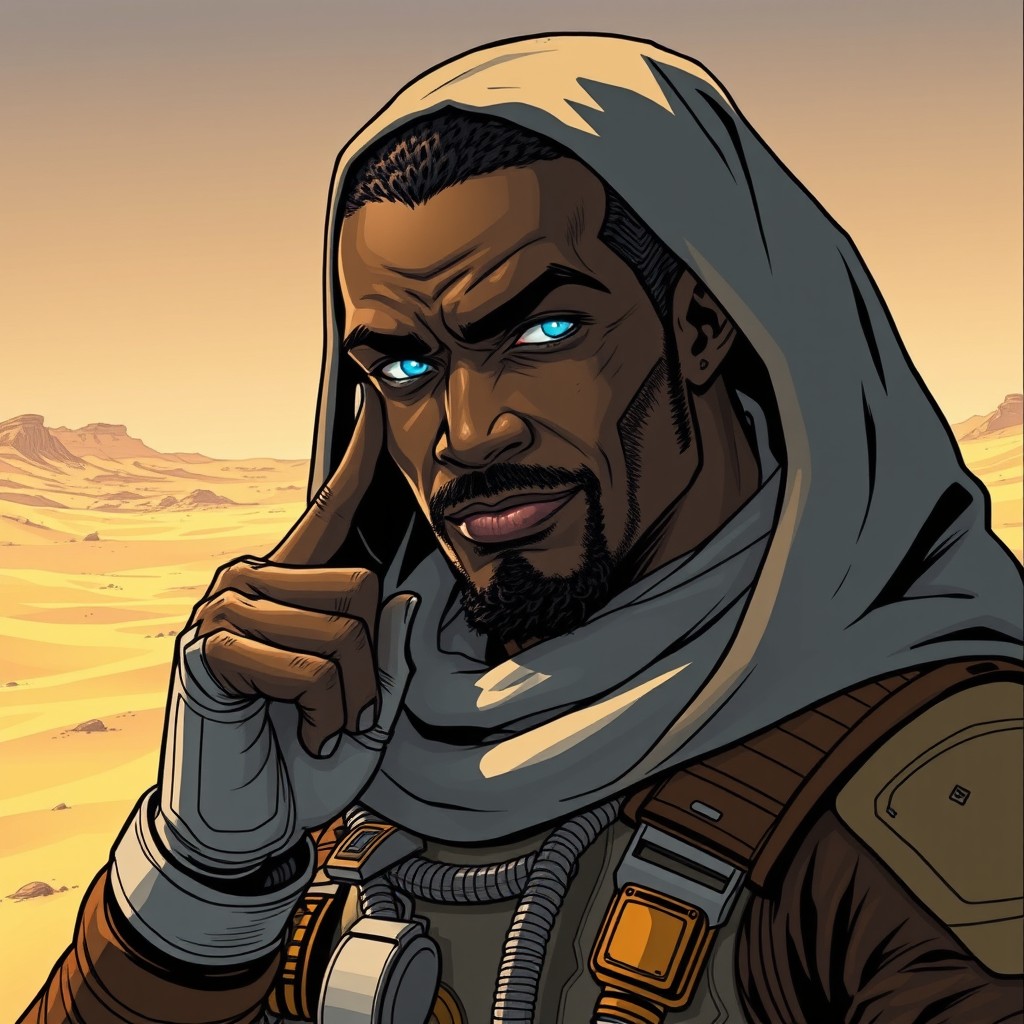 A confident Black man with a sly smirk, tapping his finger to his temple, featuring glowing blue eyes reminiscent of Fremen style