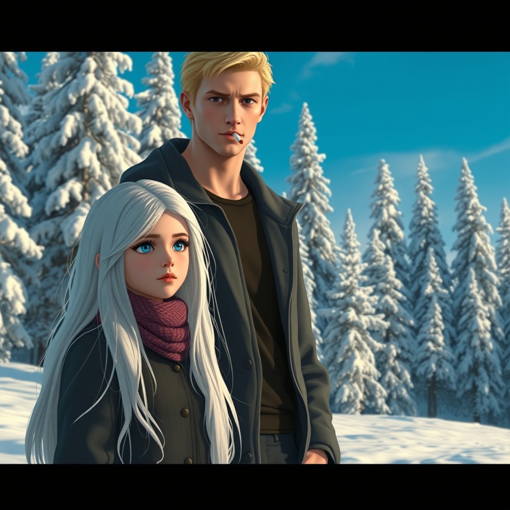 A realistic scene depicting a girl with long white hair and blue eyes standing next to a tall, athletic light-haired guy