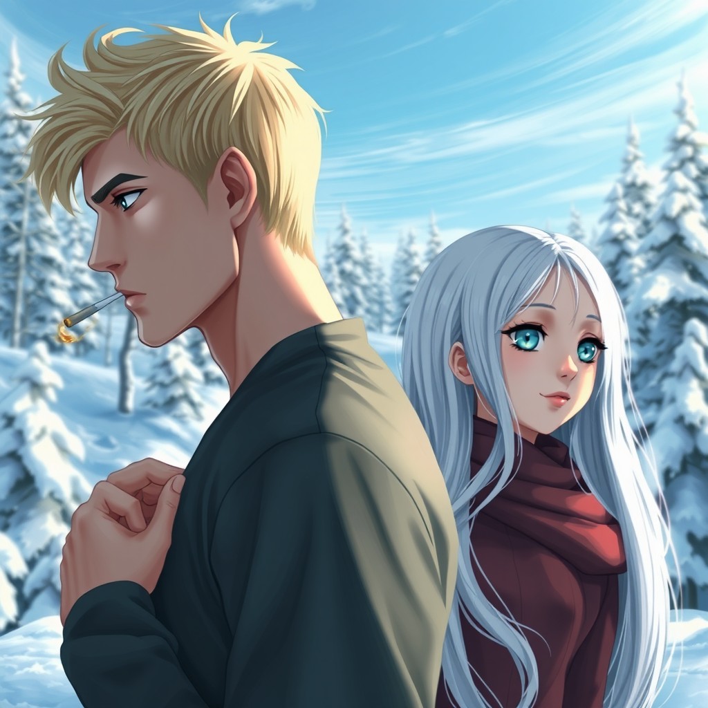 A realistic image of a girl with long white hair and blue eyes standing next to a tall, athletic light-haired guy