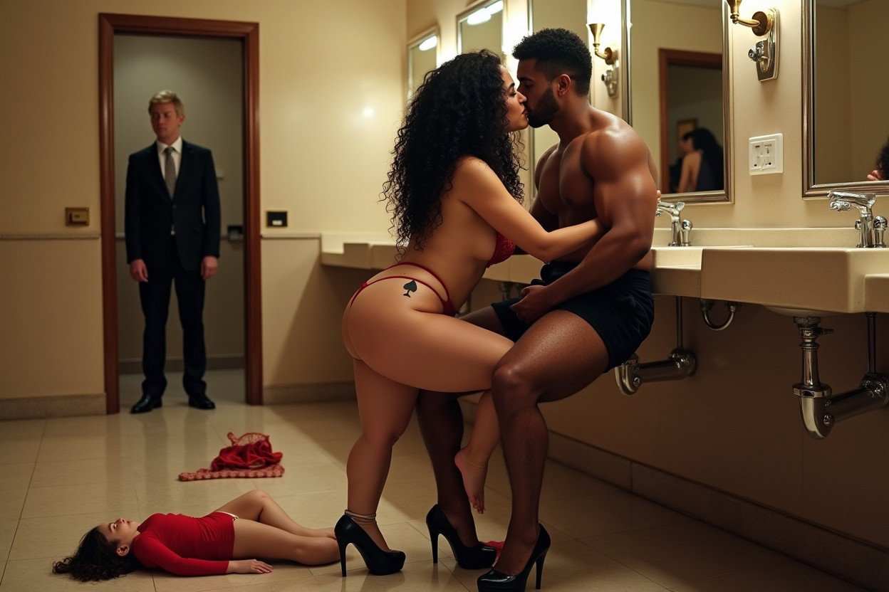 A Mexican woman with clear skin, long black curly hair, and a curvy figure featuring thick, toned legs, very wide hips, and a flat abdomen