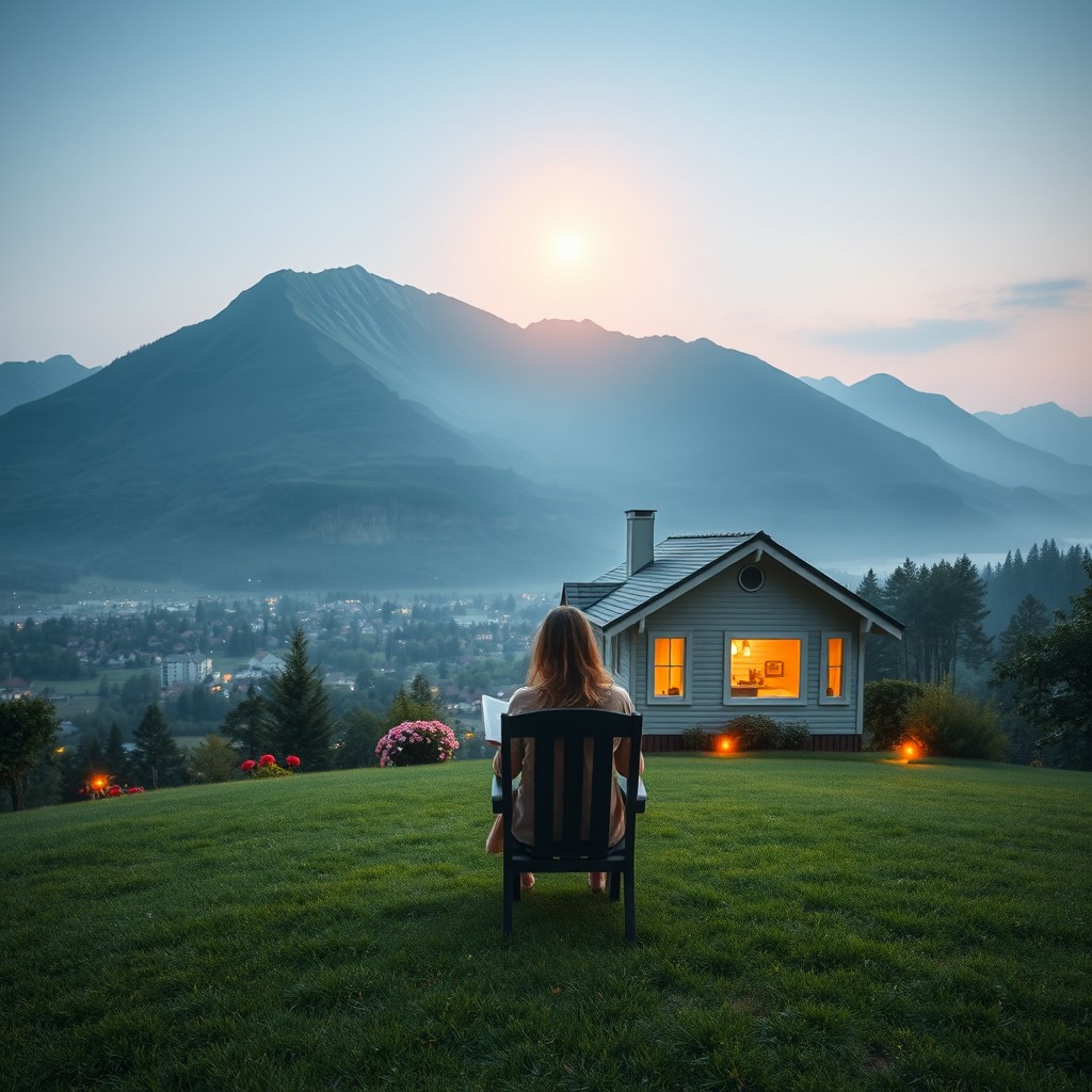 A small, beautiful, and pristine house sits atop a hill
