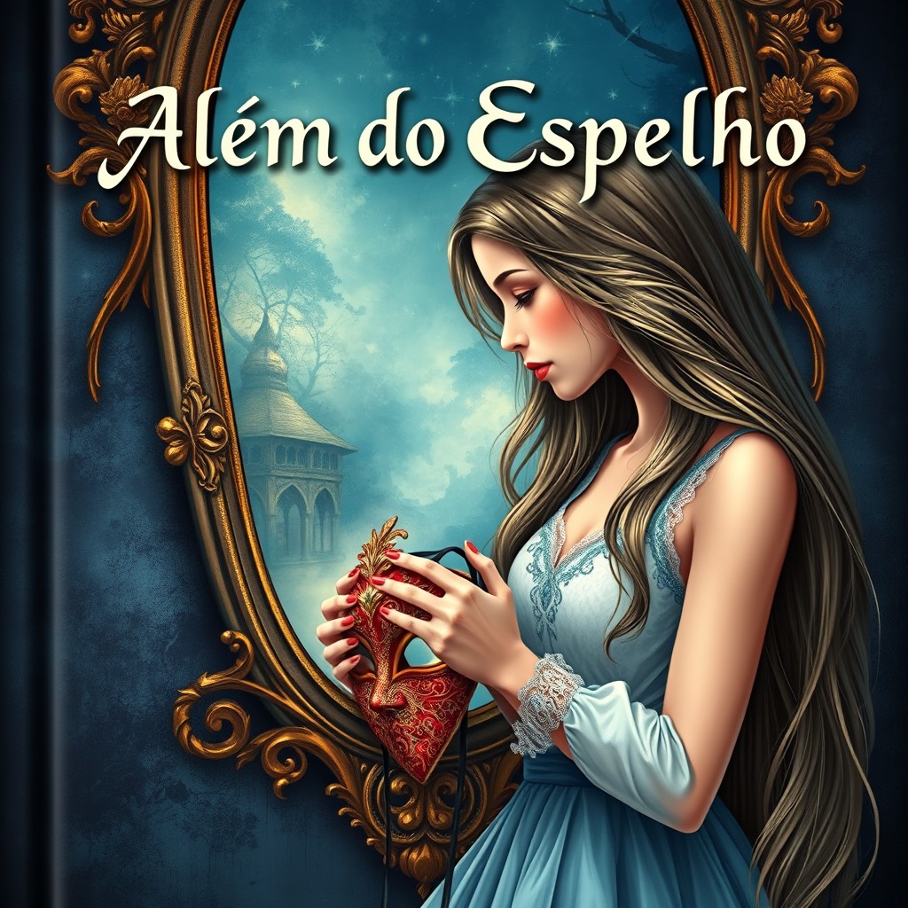 A captivating book cover illustration for "Além do Espelho"