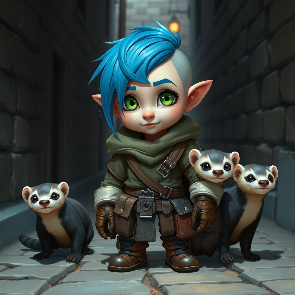 A rogue halfling standing about four feet tall, featuring a healthy build