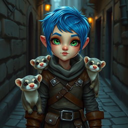 A rogue halfling standing about four feet tall, featuring a healthy build