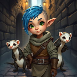 A rogue halfling standing about four feet tall, featuring a healthy build