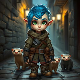 A rogue halfling standing about four feet tall, featuring a healthy build