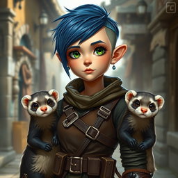 A realistic depiction of a rogue halfling standing about four feet tall, with a healthy build