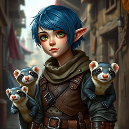 A realistic depiction of a rogue halfling standing about four feet tall, with a healthy build